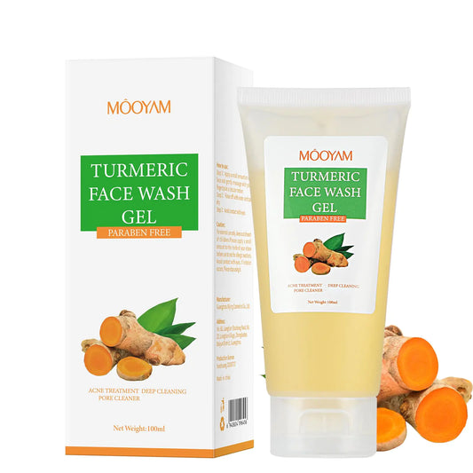 Mooyam Turmeric Face Wash Gel packaging with turmeric roots, paraben-free formula for deep cleansing and acne treatment.